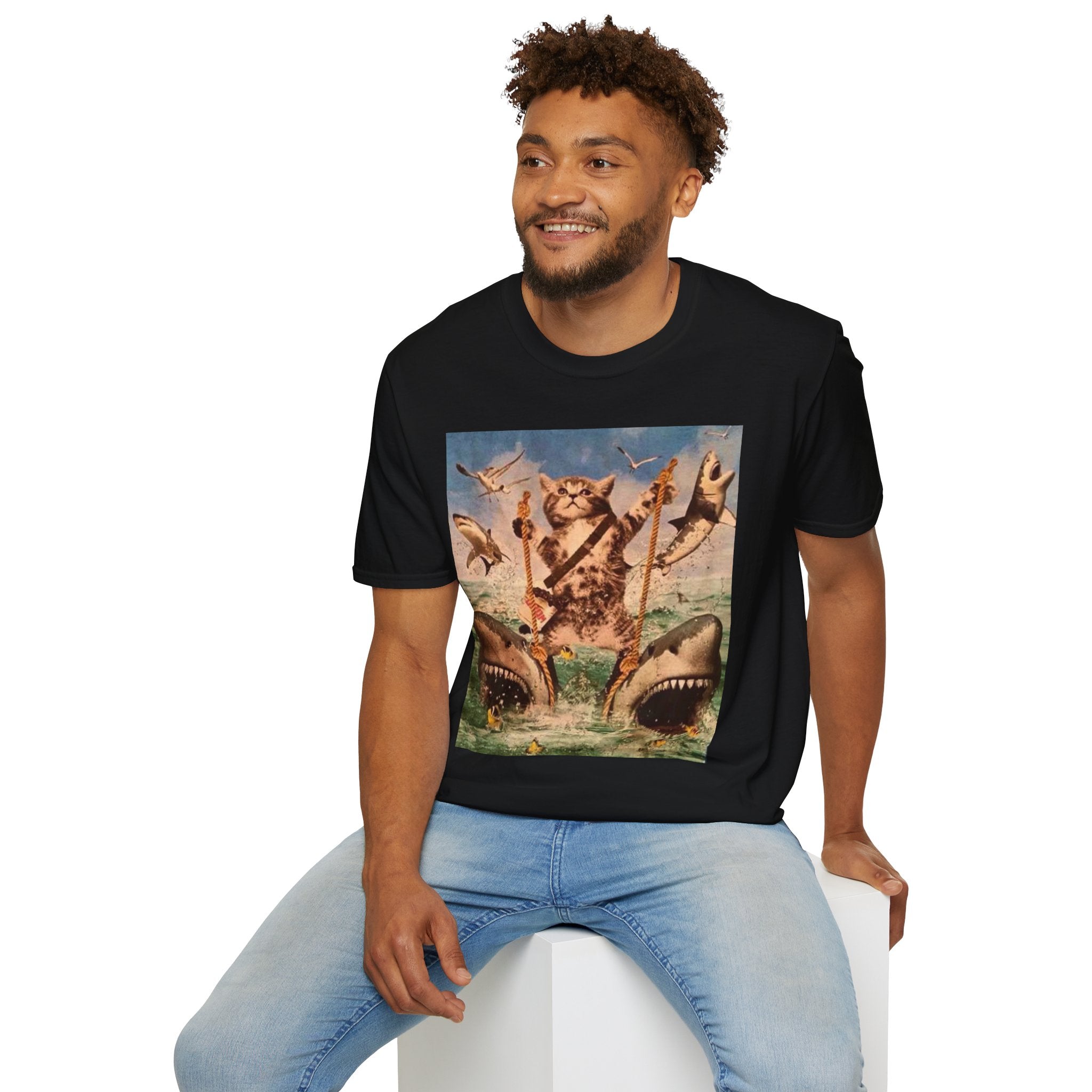 Cat Pirate Shark Attack T-Shirt — Vintage Sailing Kitty Graphic Tee