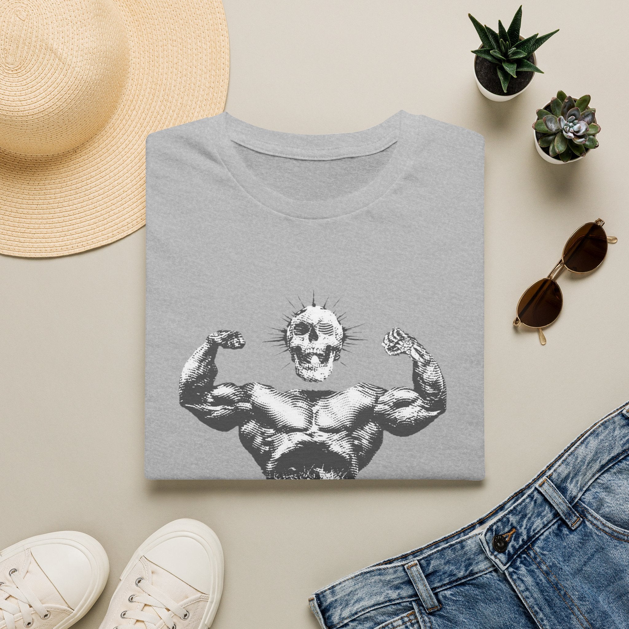 Skull Bodybuilder T-Shirt — Vintage Muscle Pose Graphic Tee