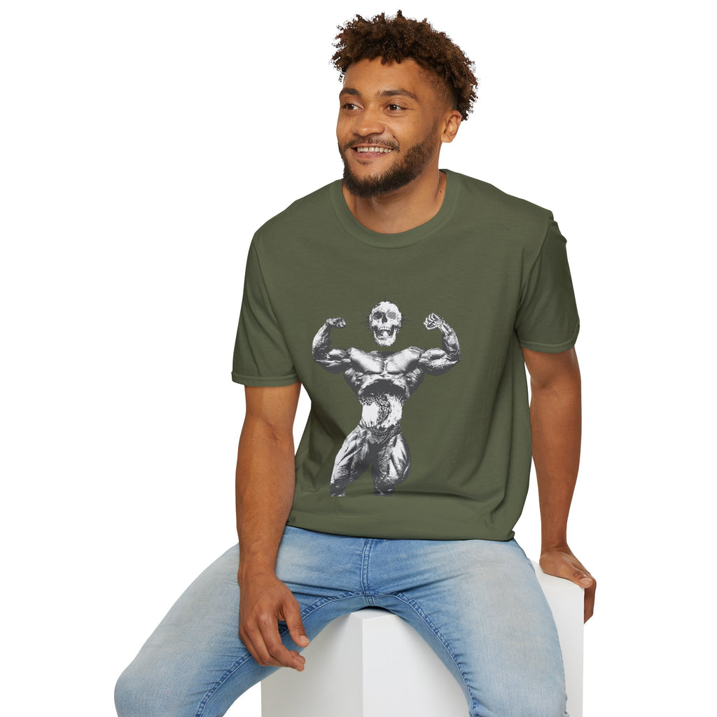 Skull Bodybuilder T-Shirt — Vintage Muscle Pose Graphic Tee