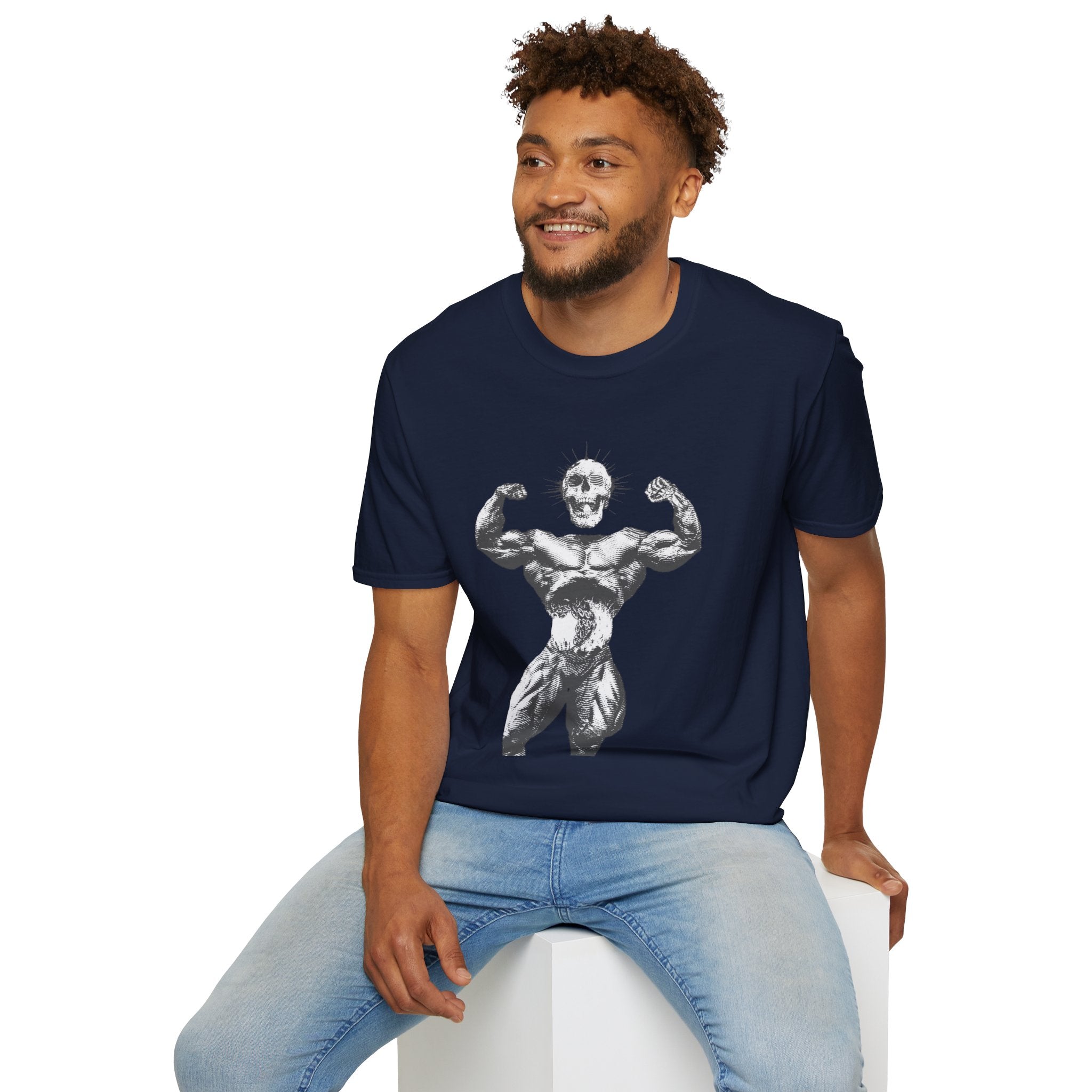 Skull Bodybuilder T-Shirt — Vintage Muscle Pose Graphic Tee