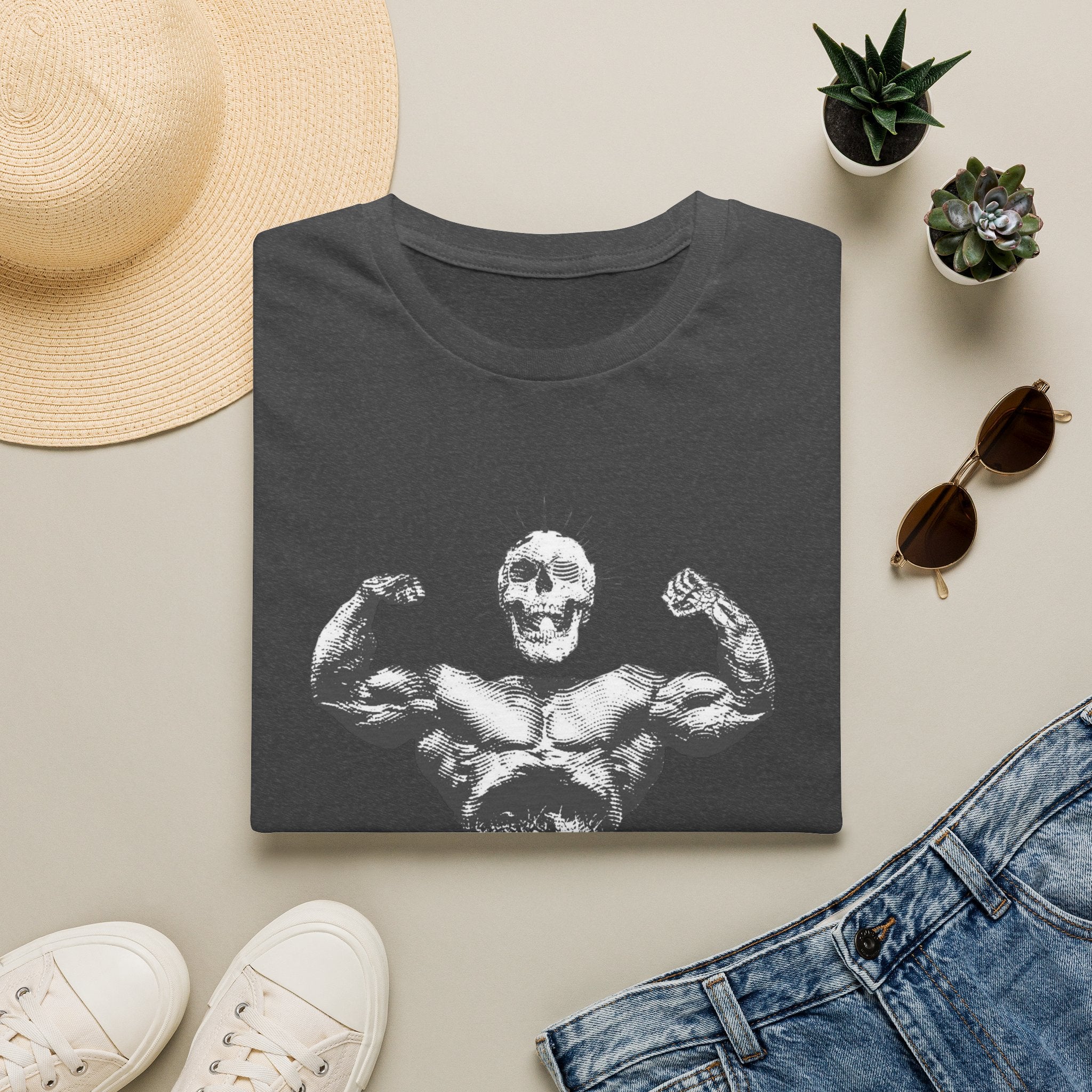 Skull Bodybuilder T-Shirt — Vintage Muscle Pose Graphic Tee