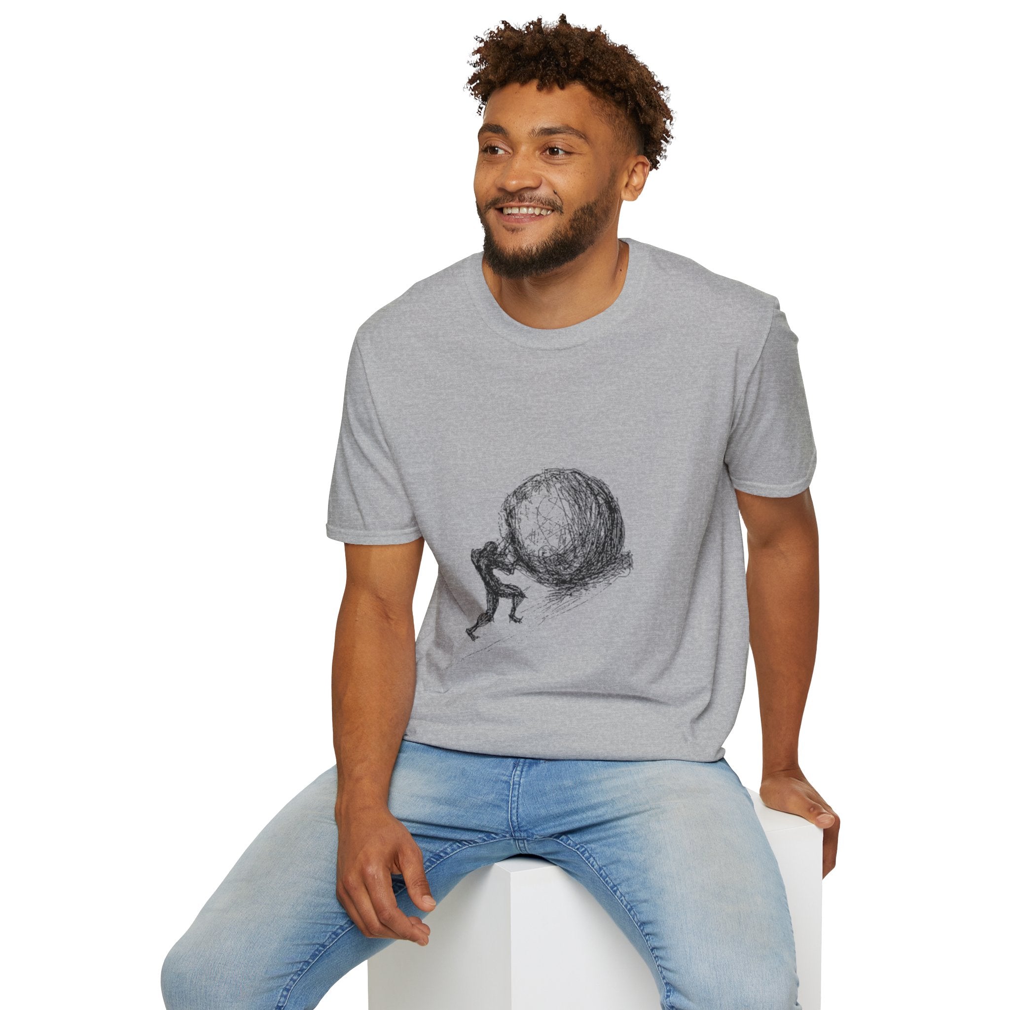 Sisyphus Pushing Boulder Illustration Tee (Perseverance Motivational Art)