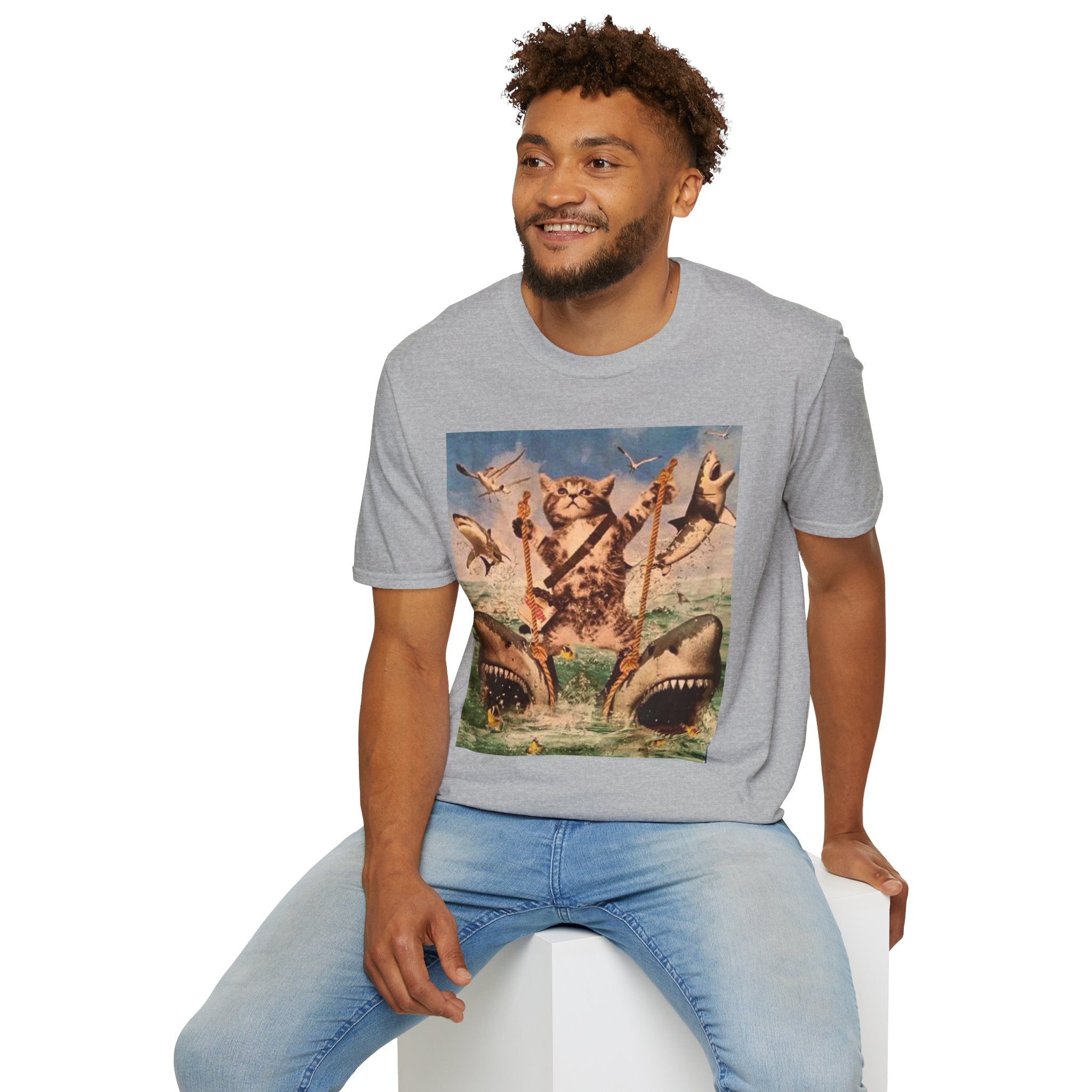 Cat Pirate Shark Attack T-Shirt — Vintage Sailing Kitty Graphic Tee