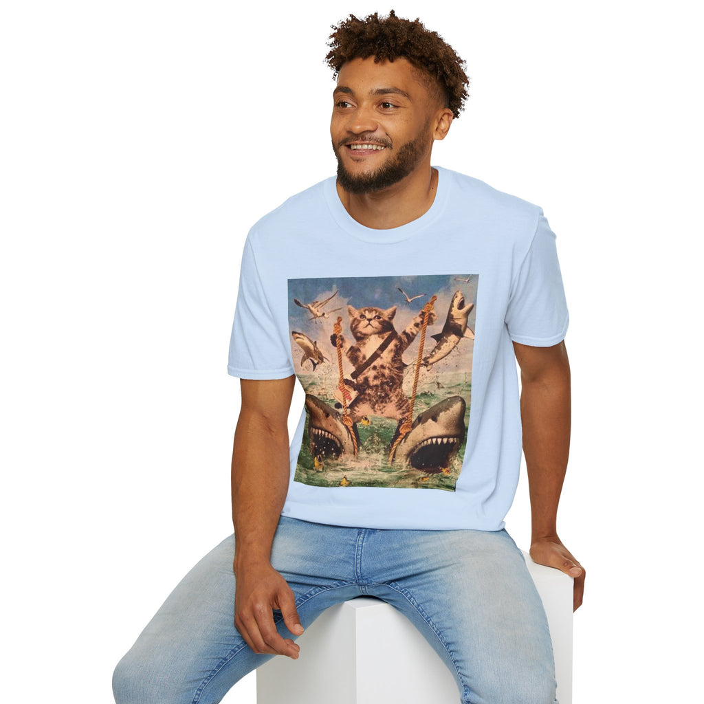 Cat Pirate Shark Attack T-Shirt — Vintage Sailing Kitty Graphic Tee