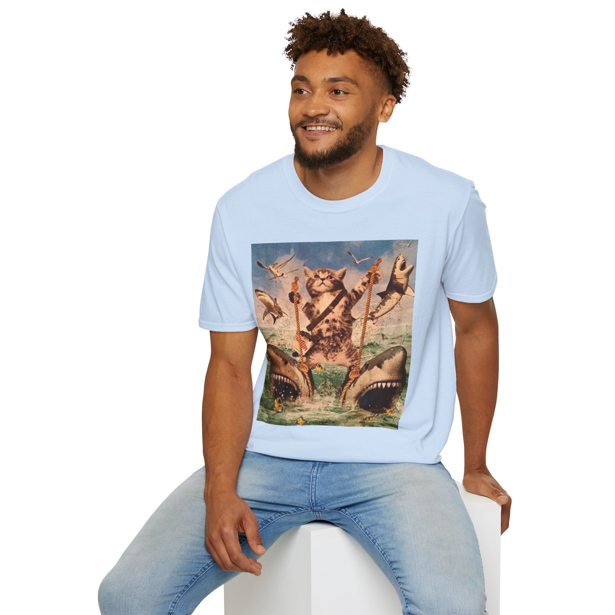 Cat Pirate Shark Attack T-Shirt — Vintage Sailing Kitty Graphic Tee