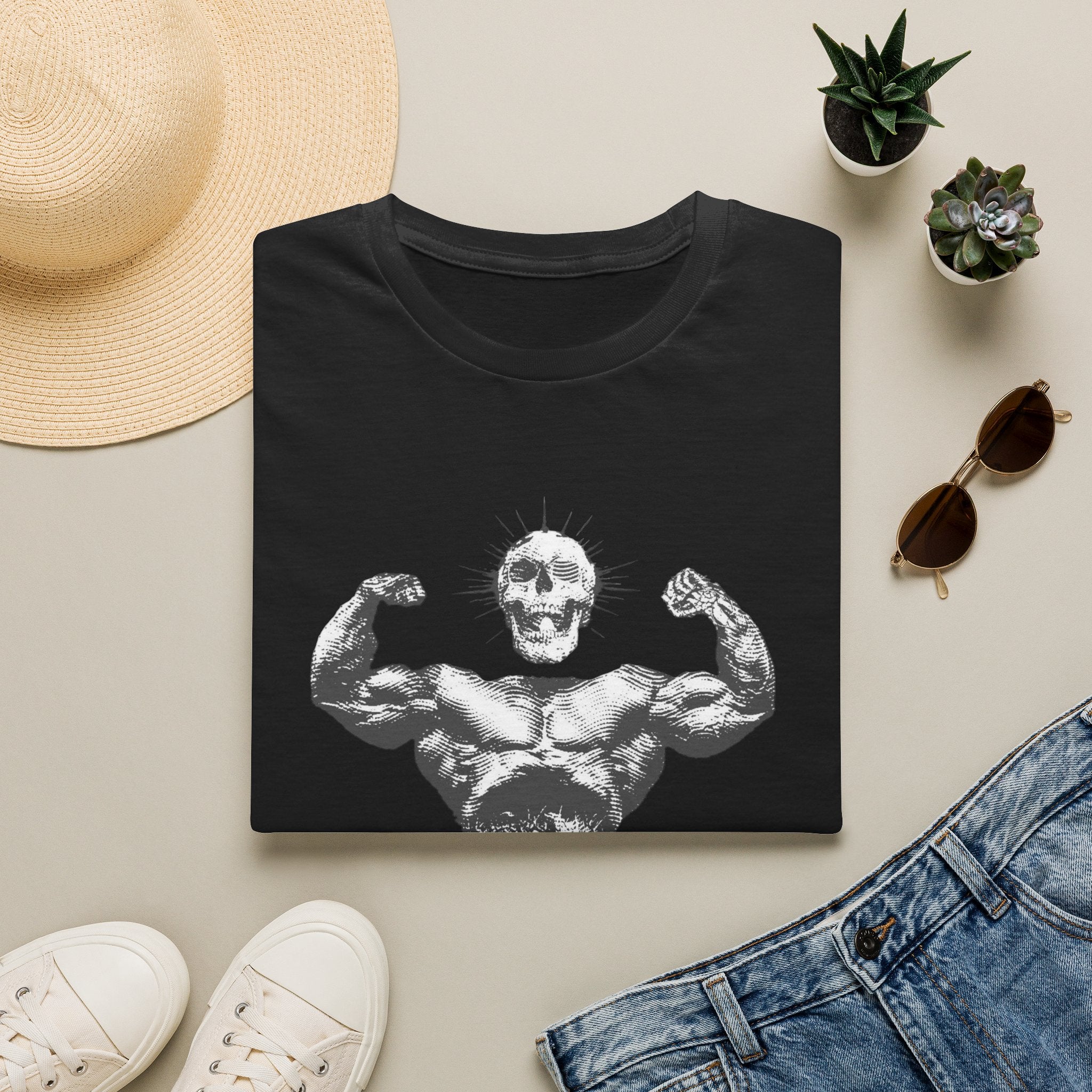 Skull Bodybuilder T-Shirt — Vintage Muscle Pose Graphic Tee