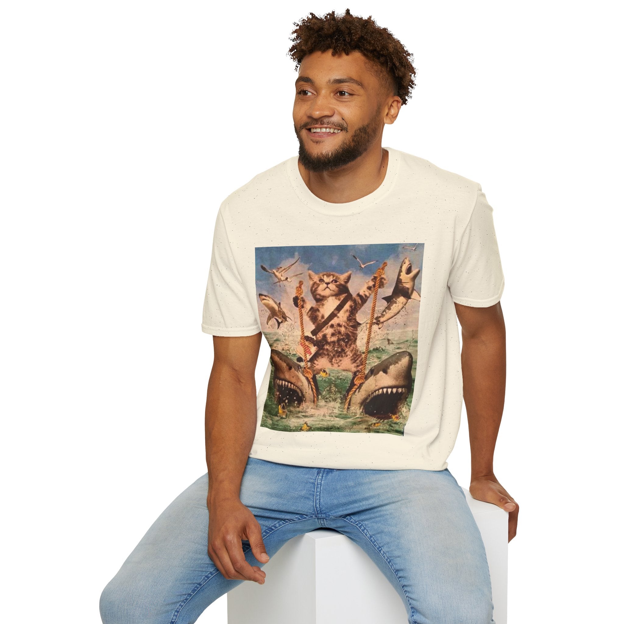Cat Pirate Shark Attack T-Shirt — Vintage Sailing Kitty Graphic Tee