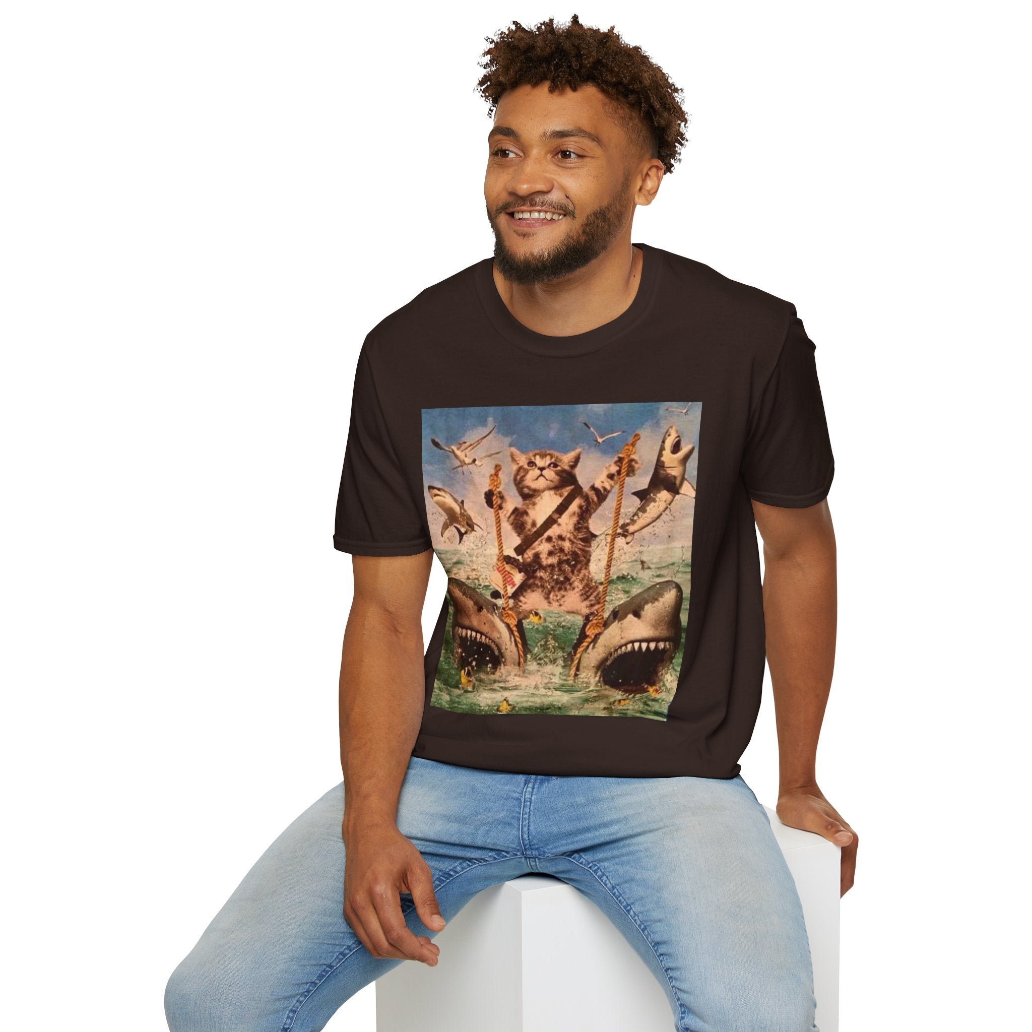 Cat Pirate Shark Attack T-Shirt — Vintage Sailing Kitty Graphic Tee