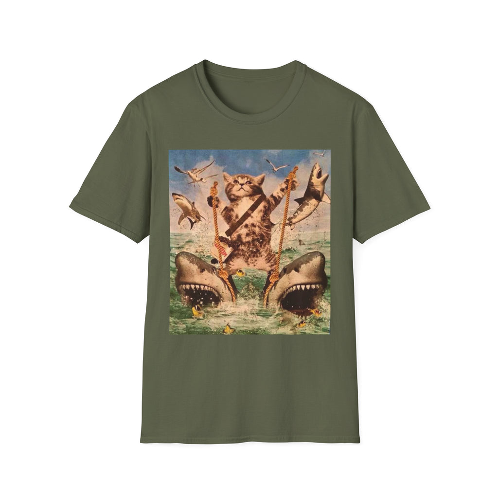 Cat Pirate Shark Attack T-Shirt — Vintage Sailing Kitty Graphic Tee