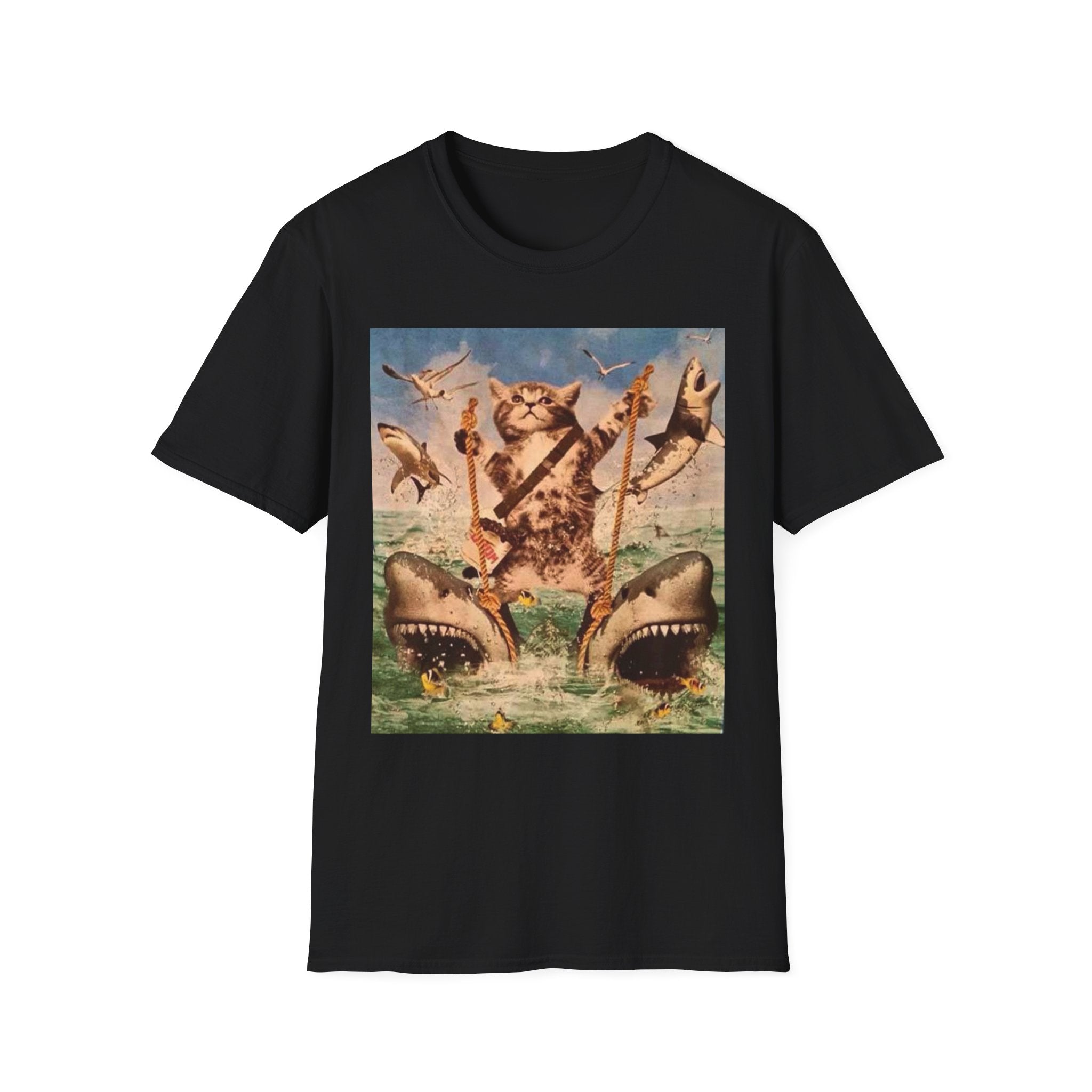 Cat Pirate Shark Attack T-Shirt — Vintage Sailing Kitty Graphic Tee