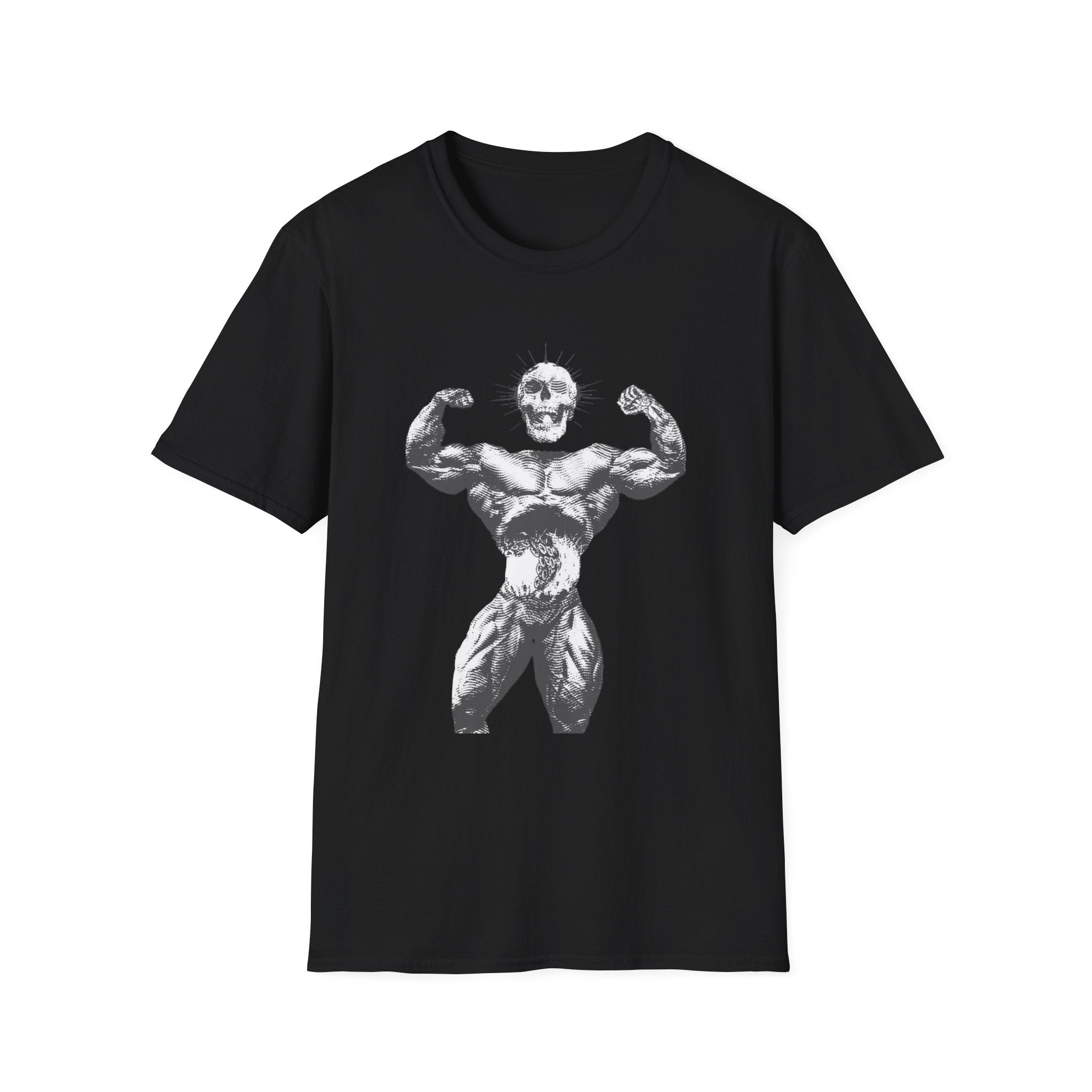 Skull Bodybuilder T-Shirt — Vintage Muscle Pose Graphic Tee