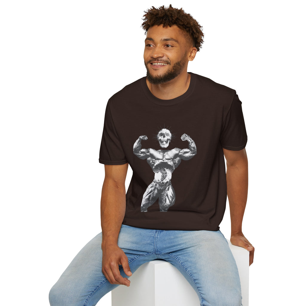 Skull Bodybuilder T-Shirt — Vintage Muscle Pose Graphic Tee