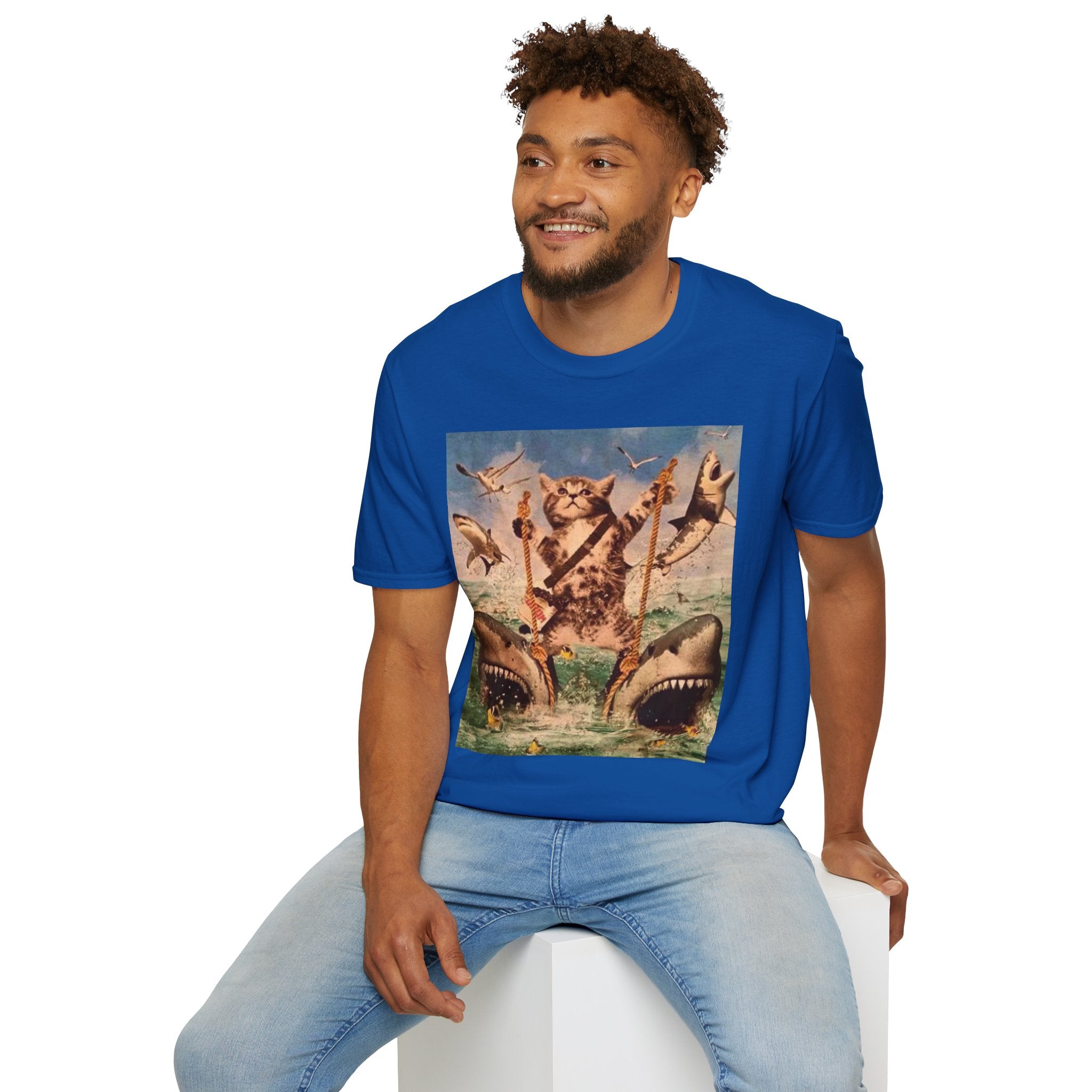 Cat Pirate Shark Attack T-Shirt — Vintage Sailing Kitty Graphic Tee