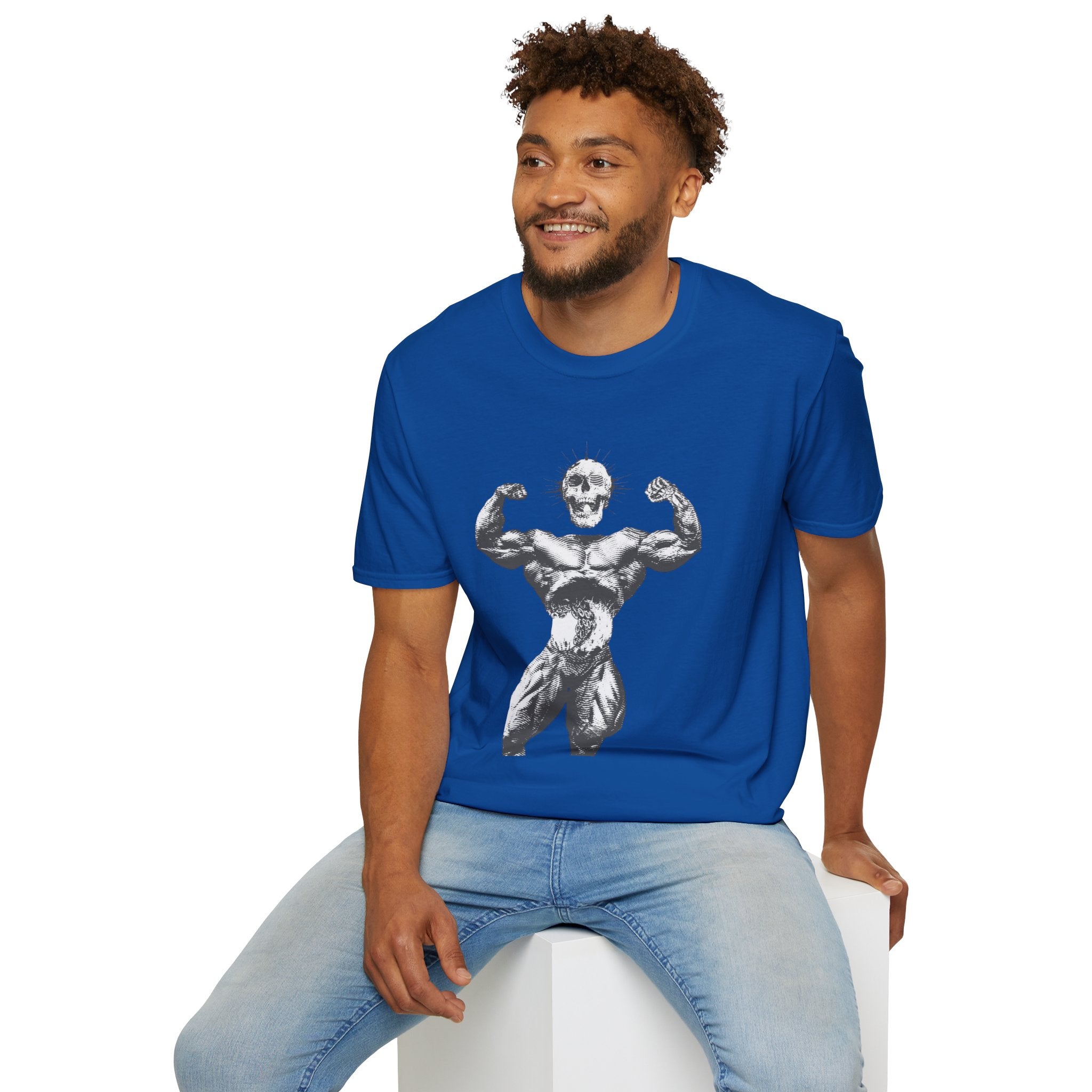 Skull Bodybuilder T-Shirt — Vintage Muscle Pose Graphic Tee