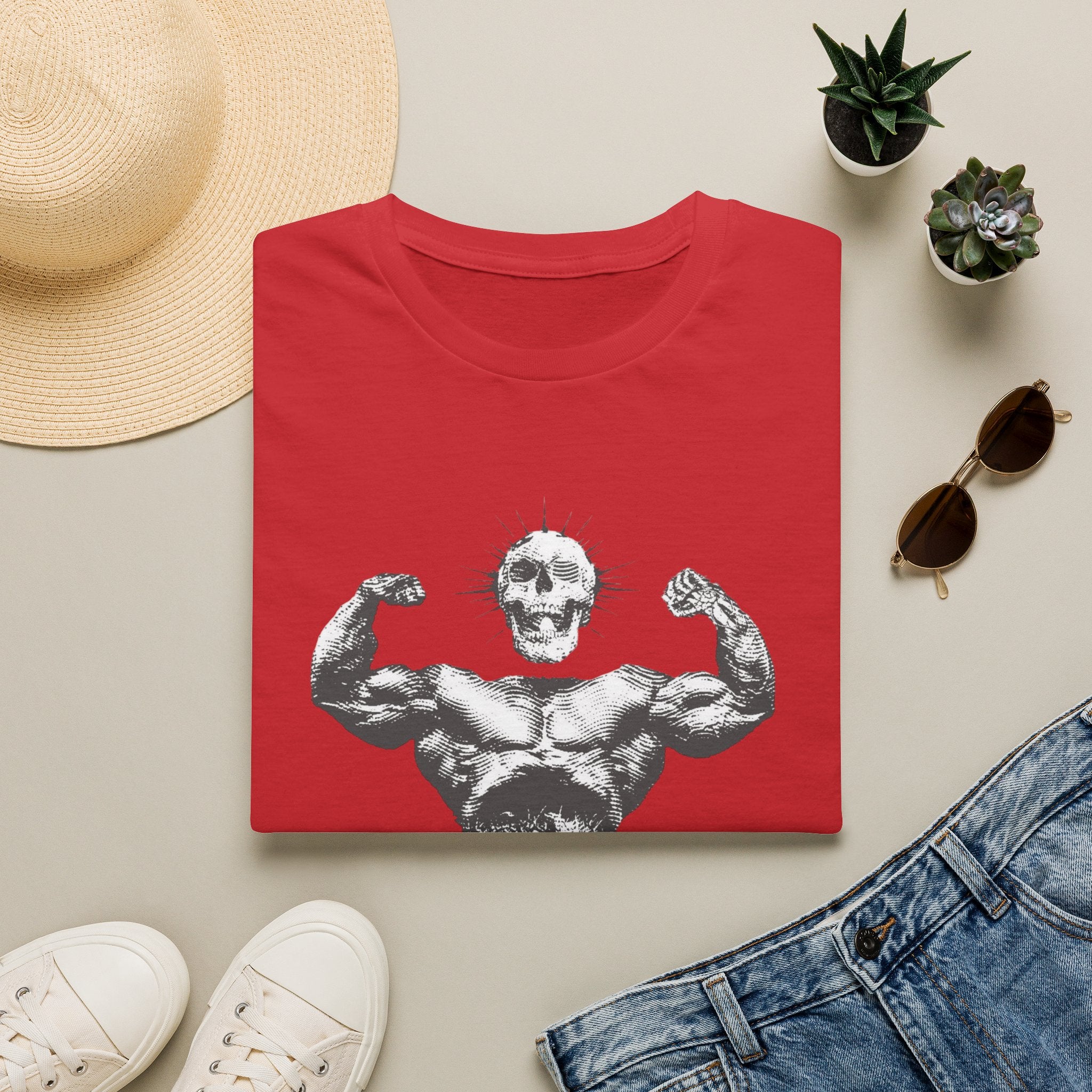 Skull Bodybuilder T-Shirt — Vintage Muscle Pose Graphic Tee