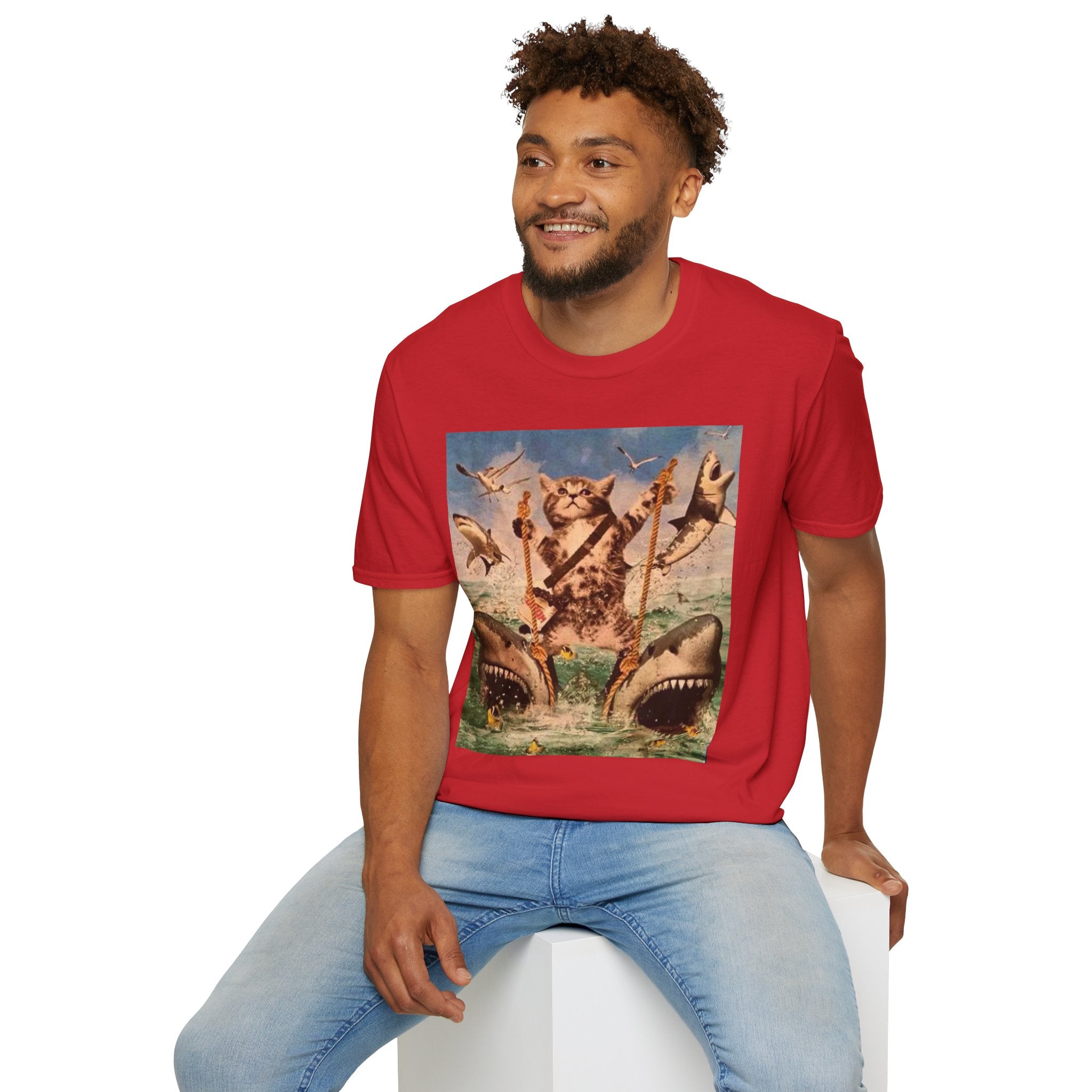 Cat Pirate Shark Attack T-Shirt — Vintage Sailing Kitty Graphic Tee