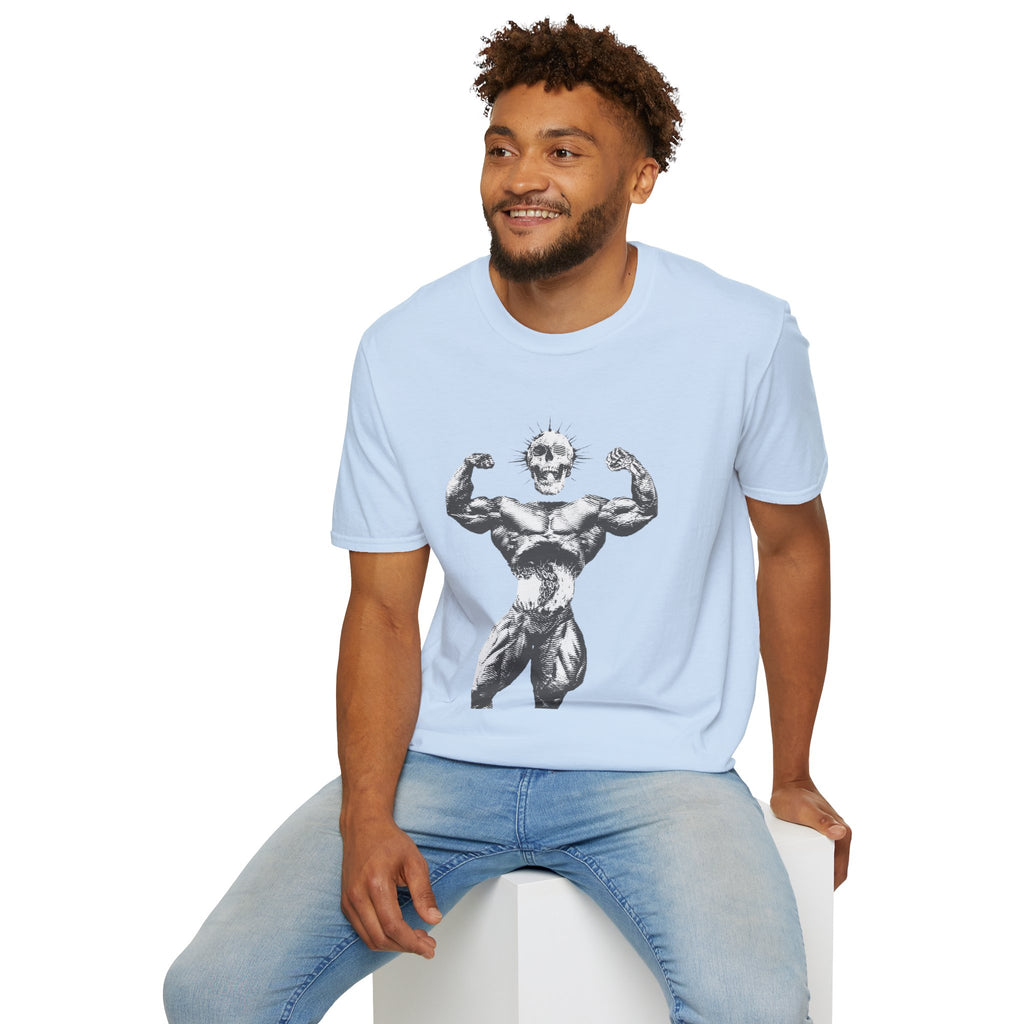 Skull Bodybuilder T-Shirt — Vintage Muscle Pose Graphic Tee