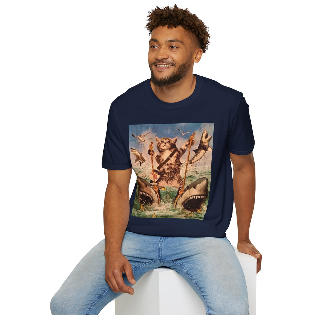 Cat Pirate Shark Attack T-Shirt — Vintage Sailing Kitty Graphic Tee