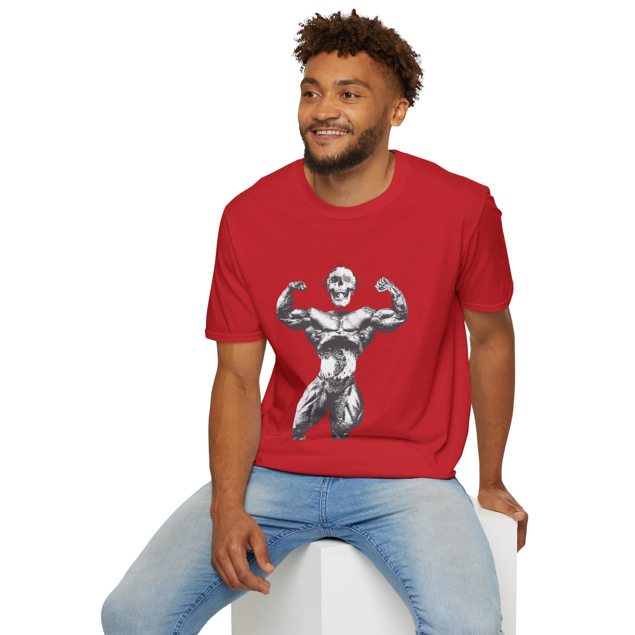 Skull Bodybuilder T-Shirt — Vintage Muscle Pose Graphic Tee