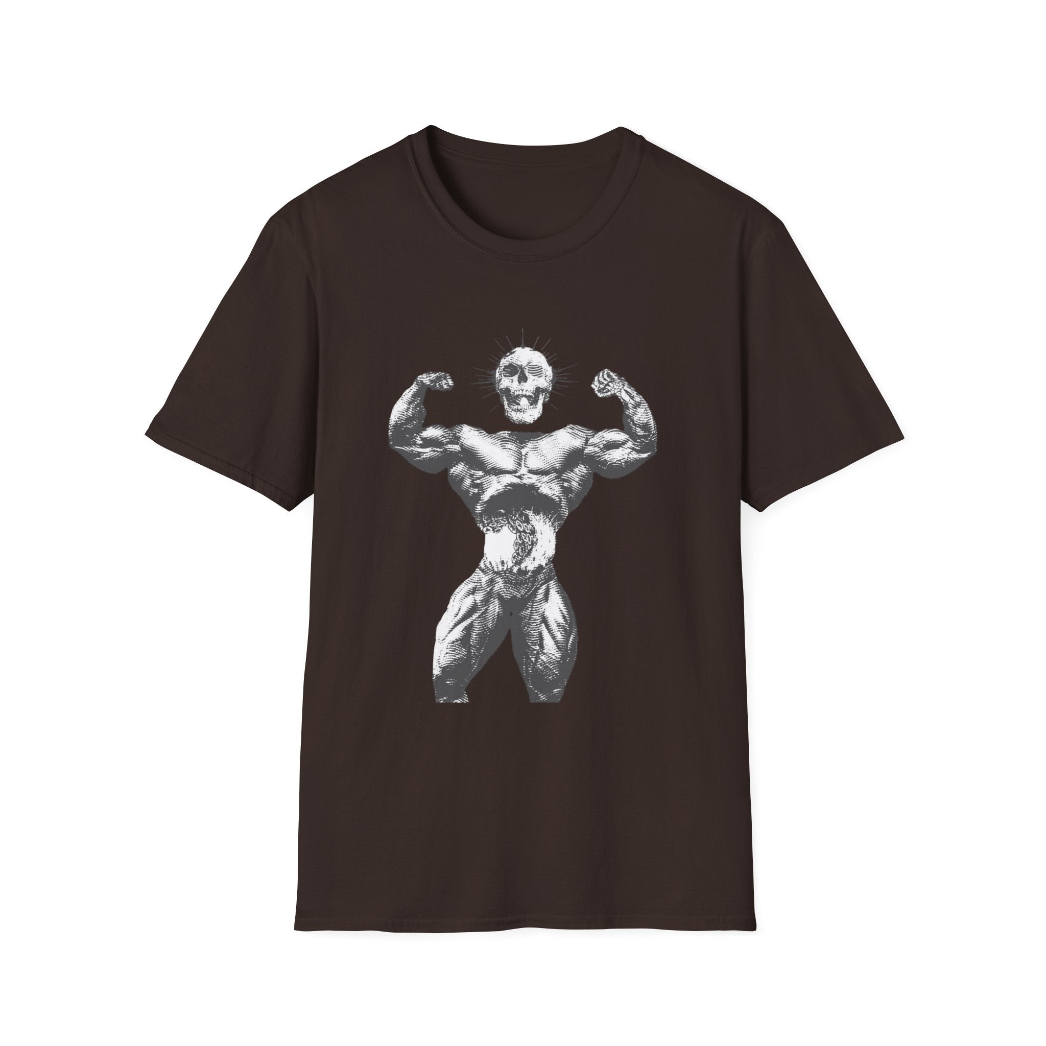 Skull Bodybuilder T-Shirt — Vintage Muscle Pose Graphic Tee