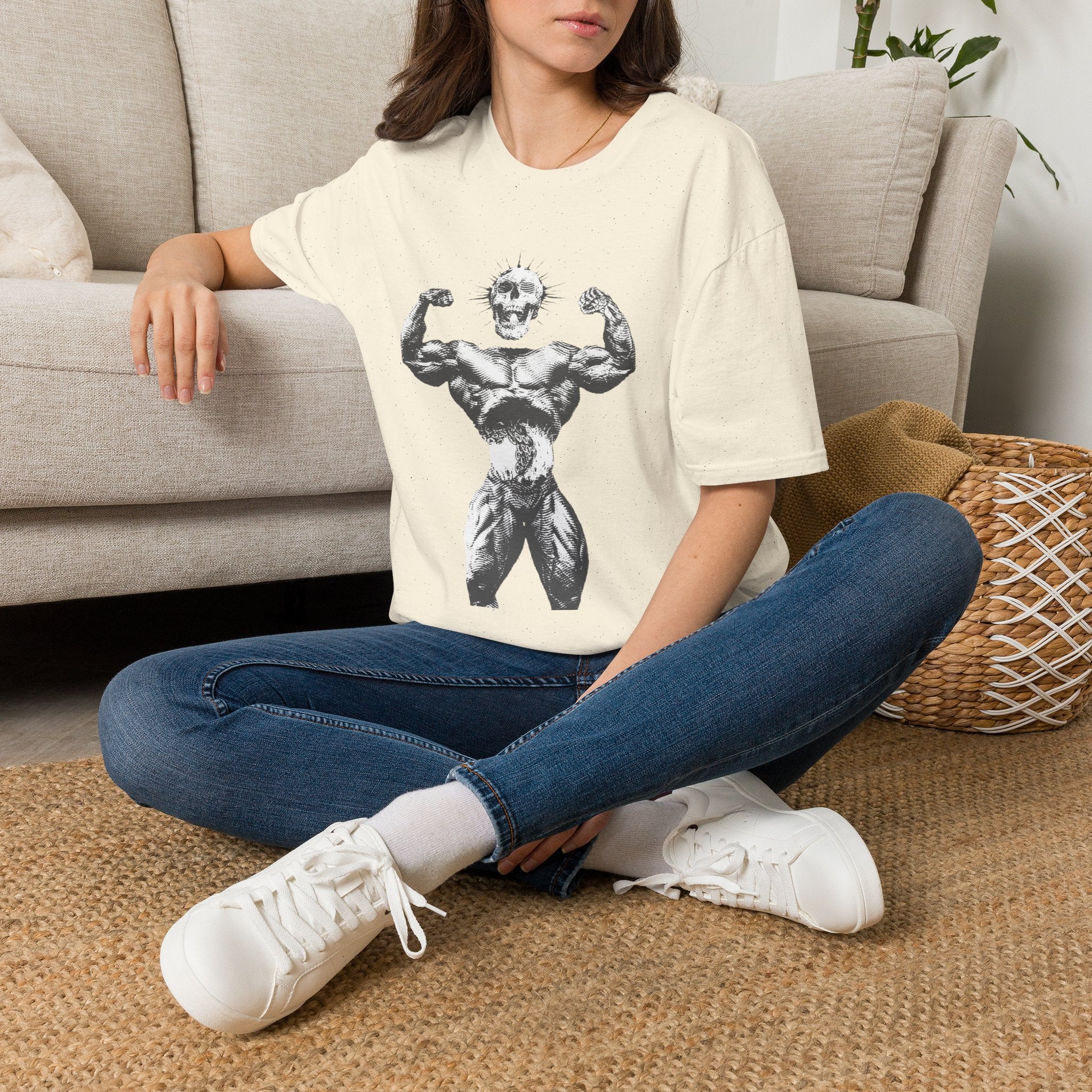 Skull Bodybuilder T-Shirt — Vintage Muscle Pose Graphic Tee
