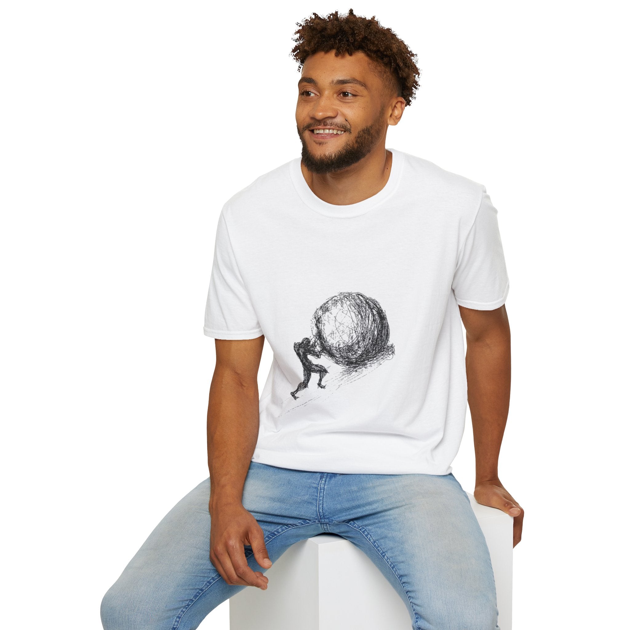 Sisyphus Pushing Boulder Illustration Tee (Perseverance Motivational Art)
