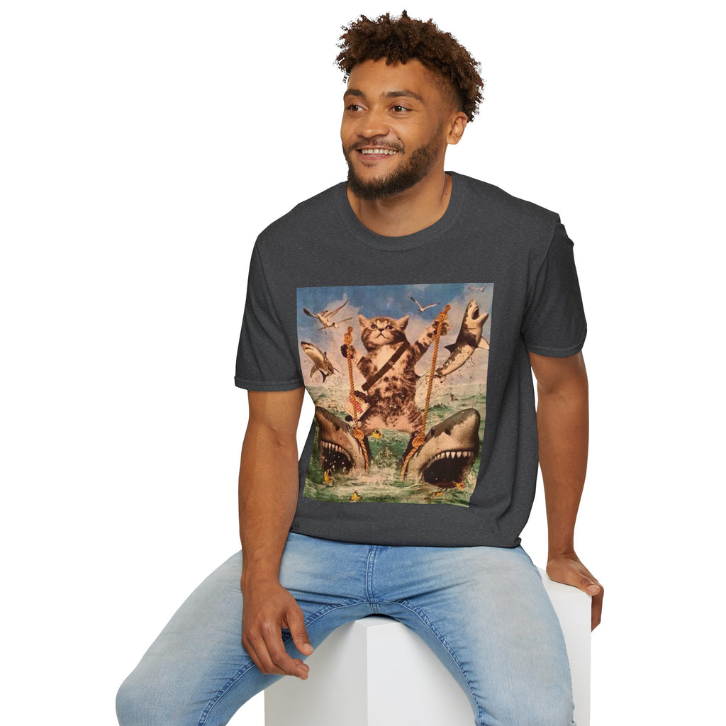 Cat Pirate Shark Attack T-Shirt — Vintage Sailing Kitty Graphic Tee