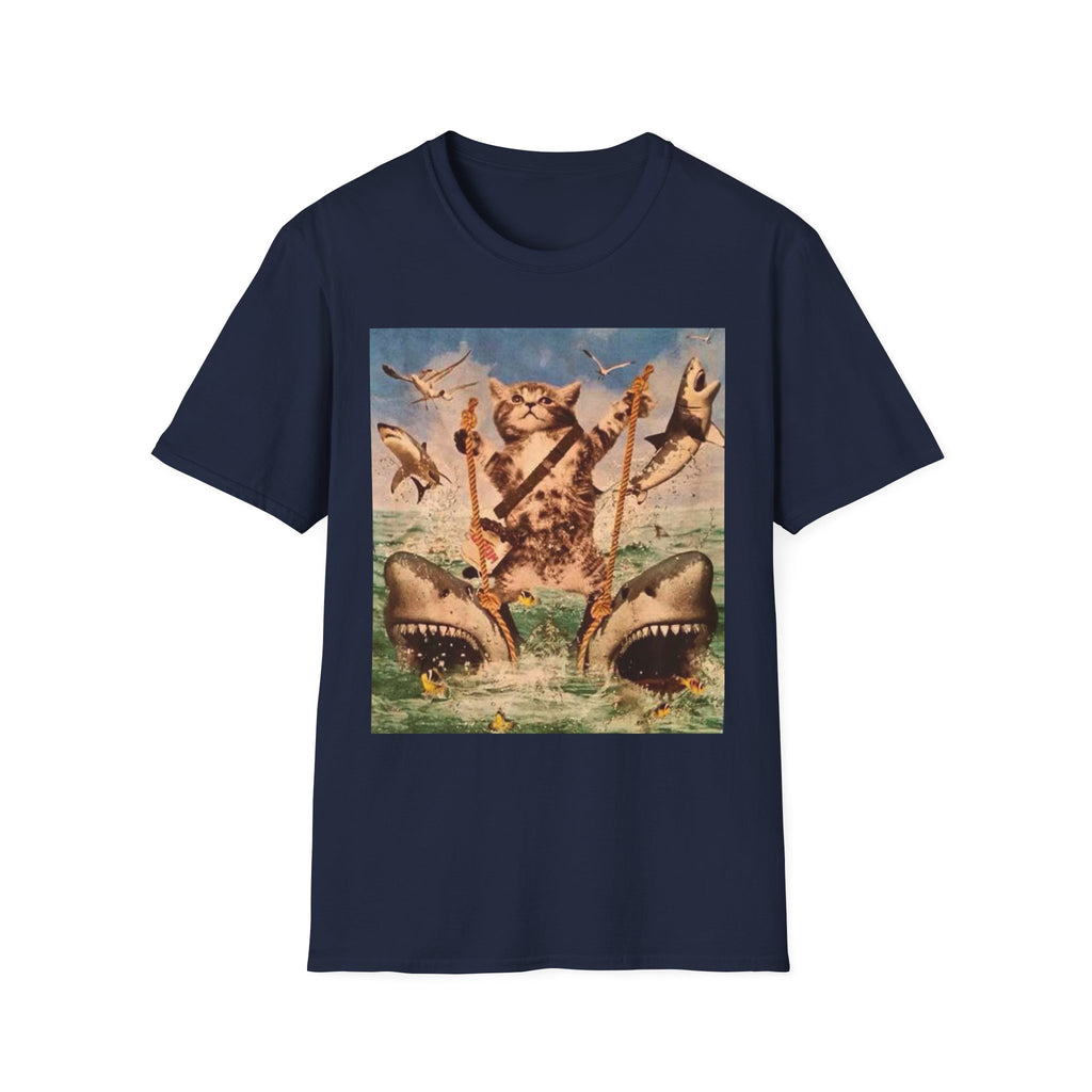 Cat Pirate Shark Attack T-Shirt — Vintage Sailing Kitty Graphic Tee