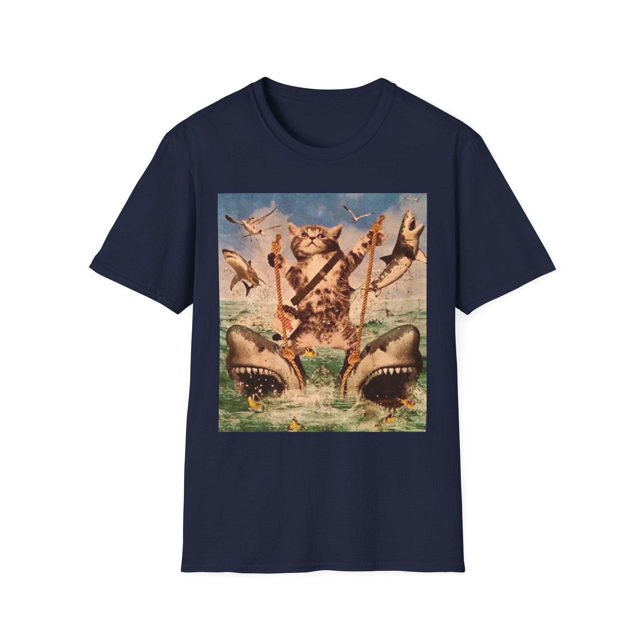 Cat Pirate Shark Attack T-Shirt — Vintage Sailing Kitty Graphic Tee