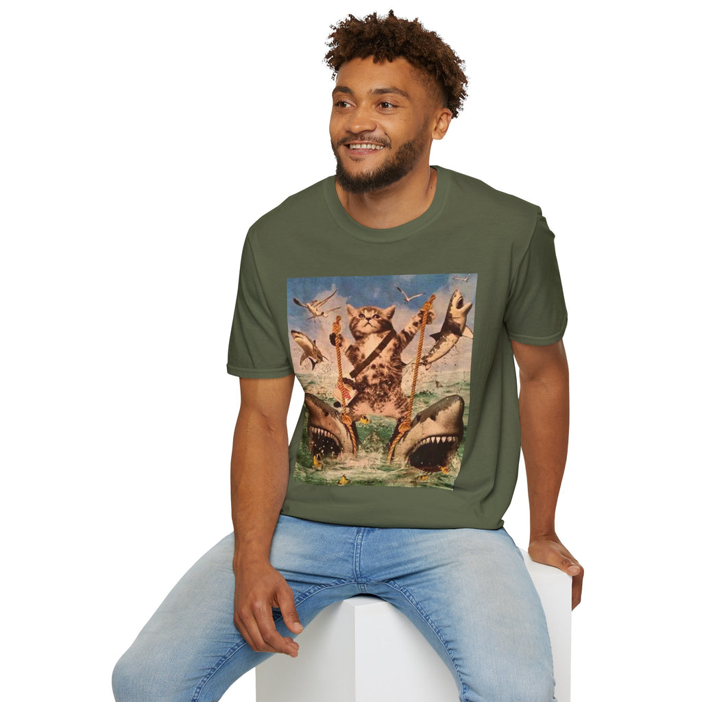 Cat Pirate Shark Attack T-Shirt — Vintage Sailing Kitty Graphic Tee