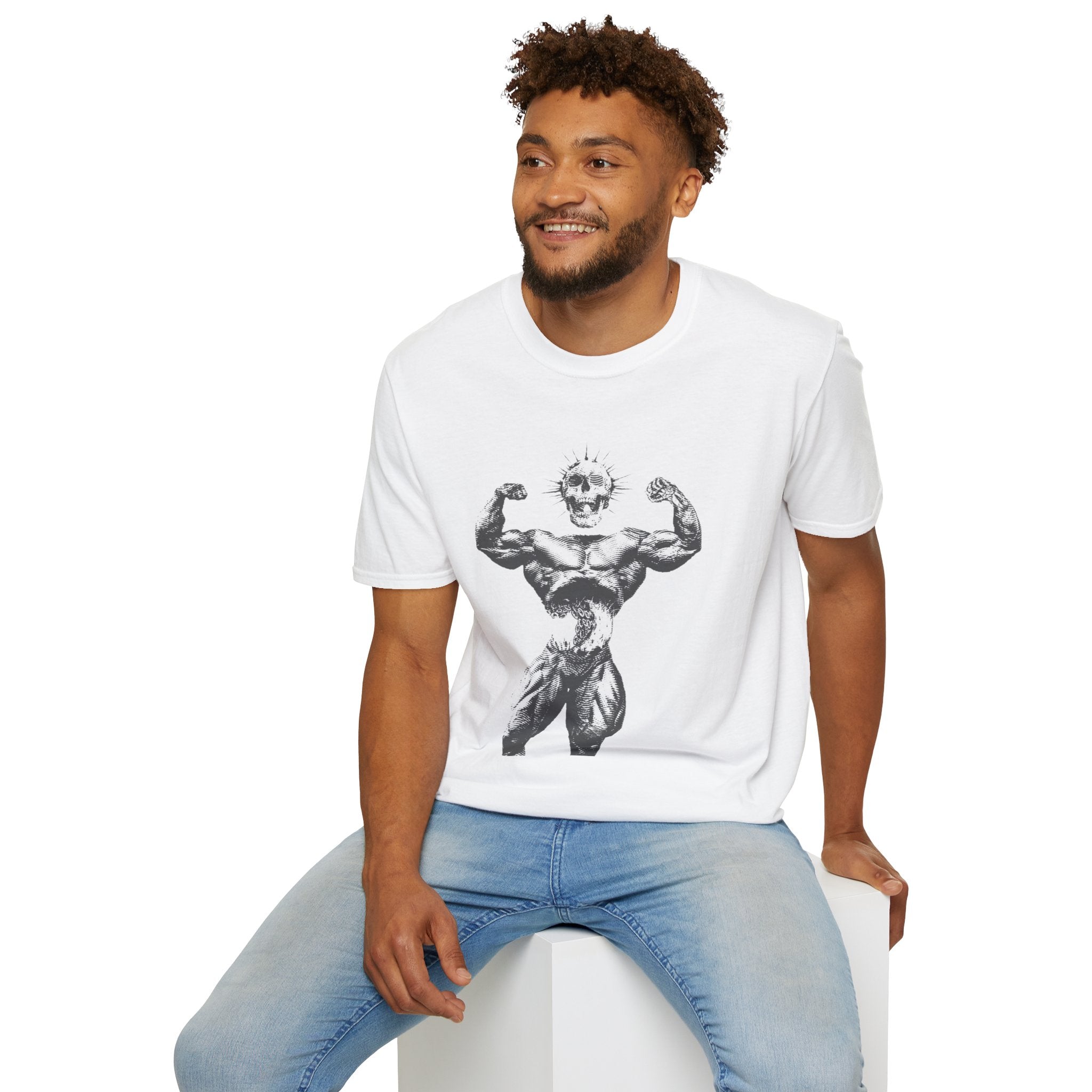 Skull Bodybuilder T-Shirt — Vintage Muscle Pose Graphic Tee