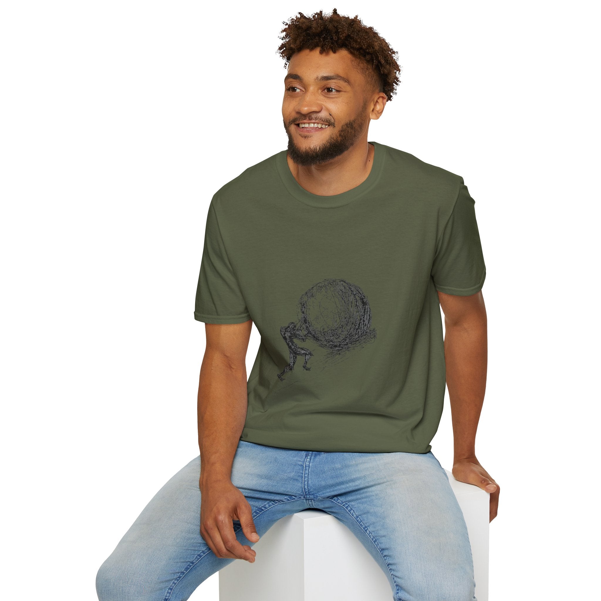 Sisyphus Pushing Boulder Illustration Tee (Perseverance Motivational Art)