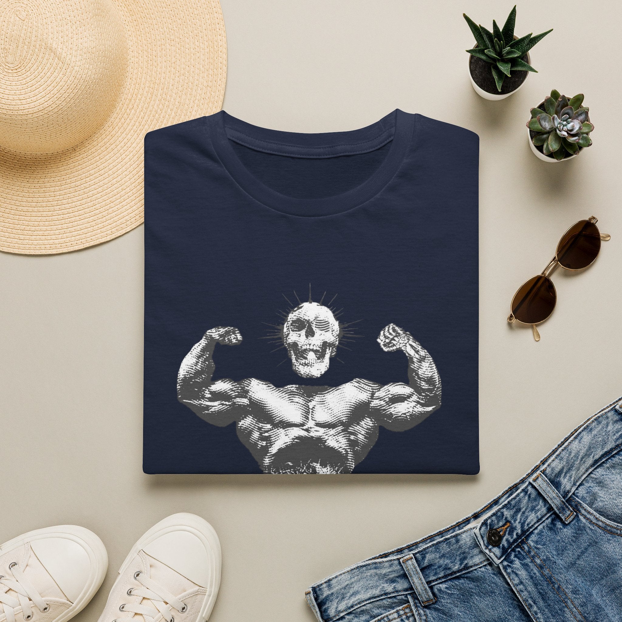 Skull Bodybuilder T-Shirt — Vintage Muscle Pose Graphic Tee