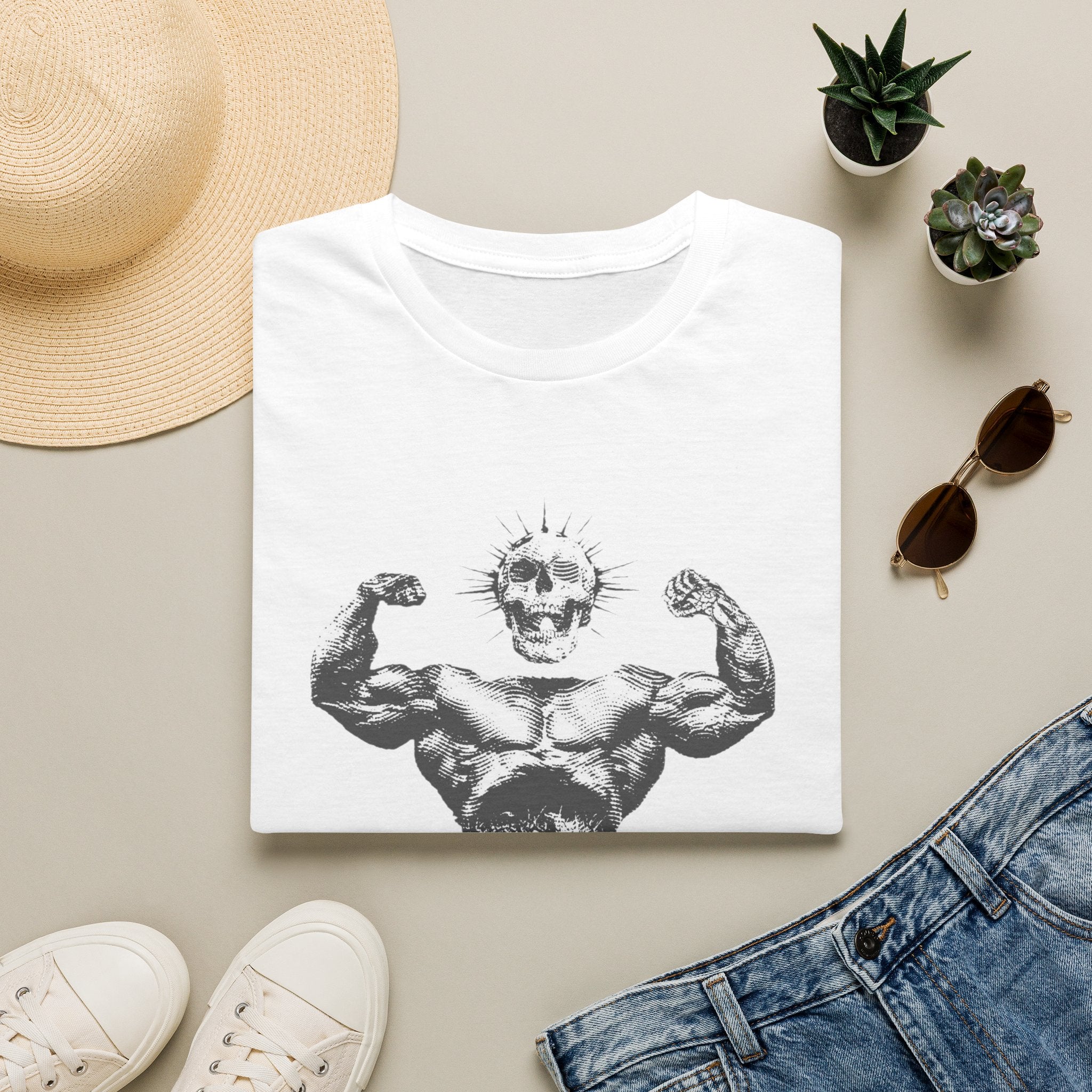 Skull Bodybuilder T-Shirt — Vintage Muscle Pose Graphic Tee