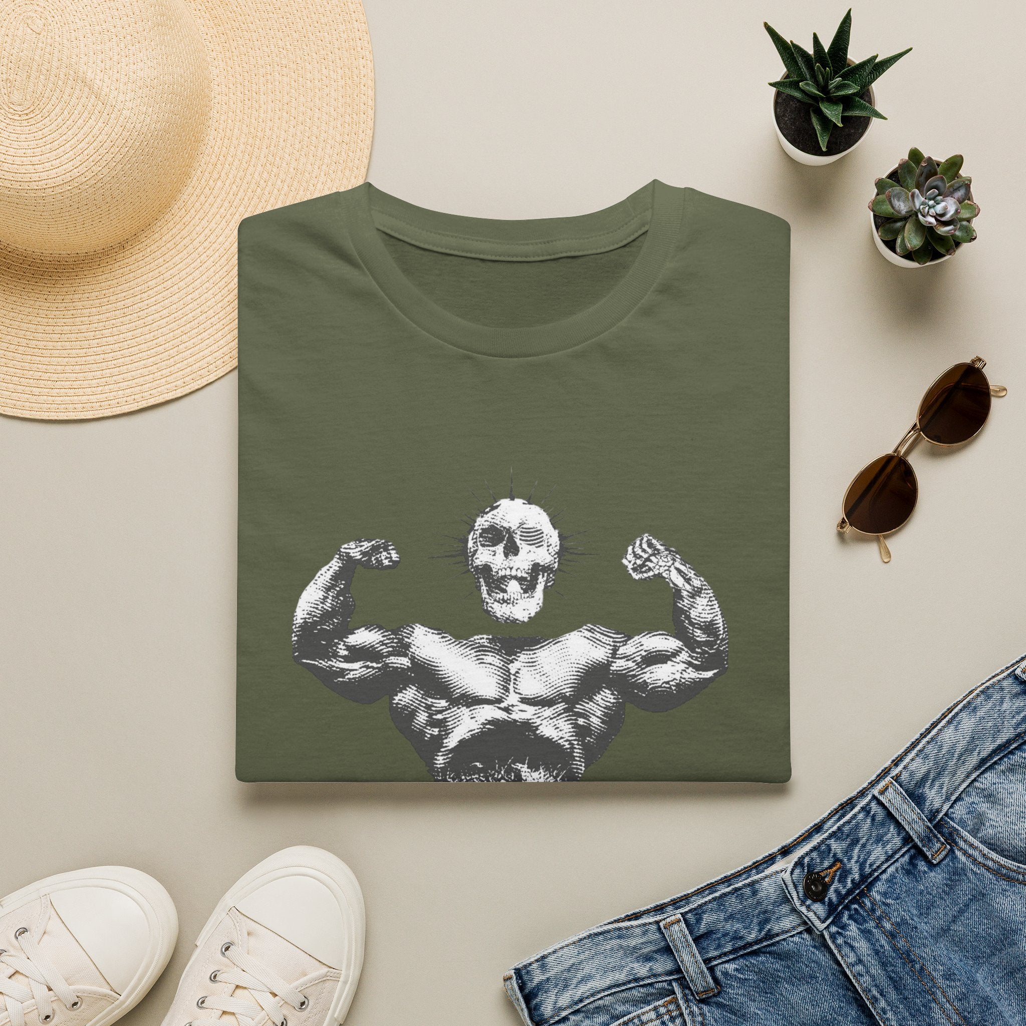 Skull Bodybuilder T-Shirt — Vintage Muscle Pose Graphic Tee