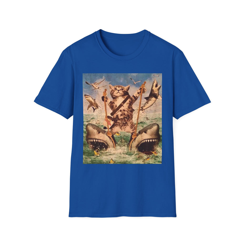 Cat Pirate Shark Attack T-Shirt — Vintage Sailing Kitty Graphic Tee