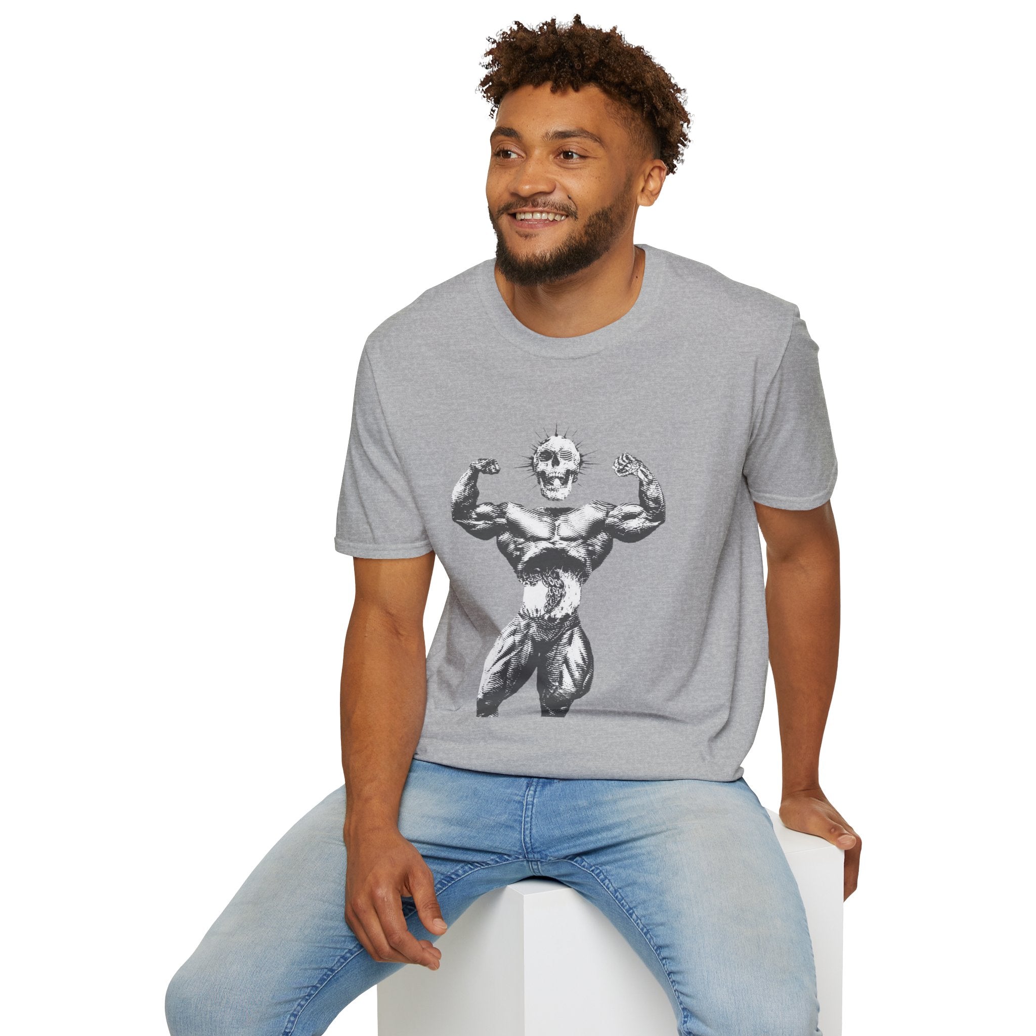 Skull Bodybuilder T-Shirt — Vintage Muscle Pose Graphic Tee