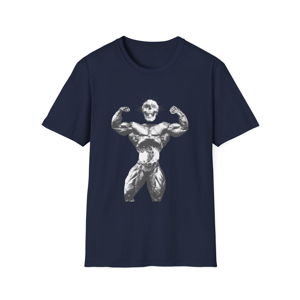 Skull Bodybuilder T-Shirt — Vintage Muscle Pose Graphic Tee