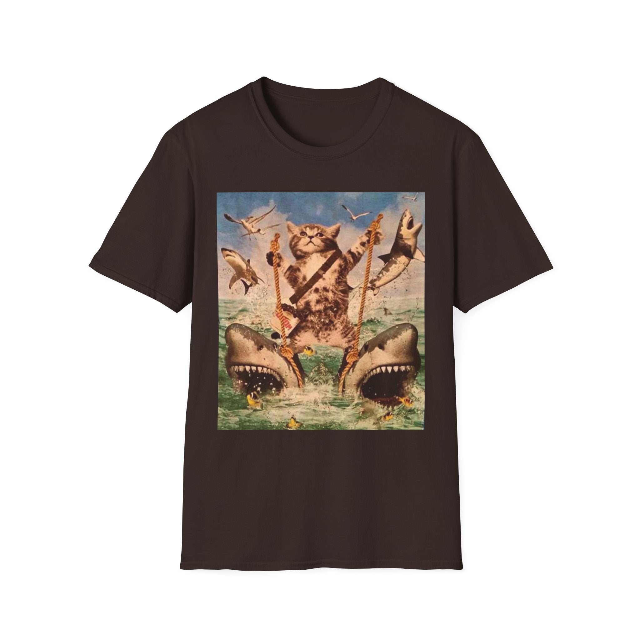 Cat Pirate Shark Attack T-Shirt — Vintage Sailing Kitty Graphic Tee