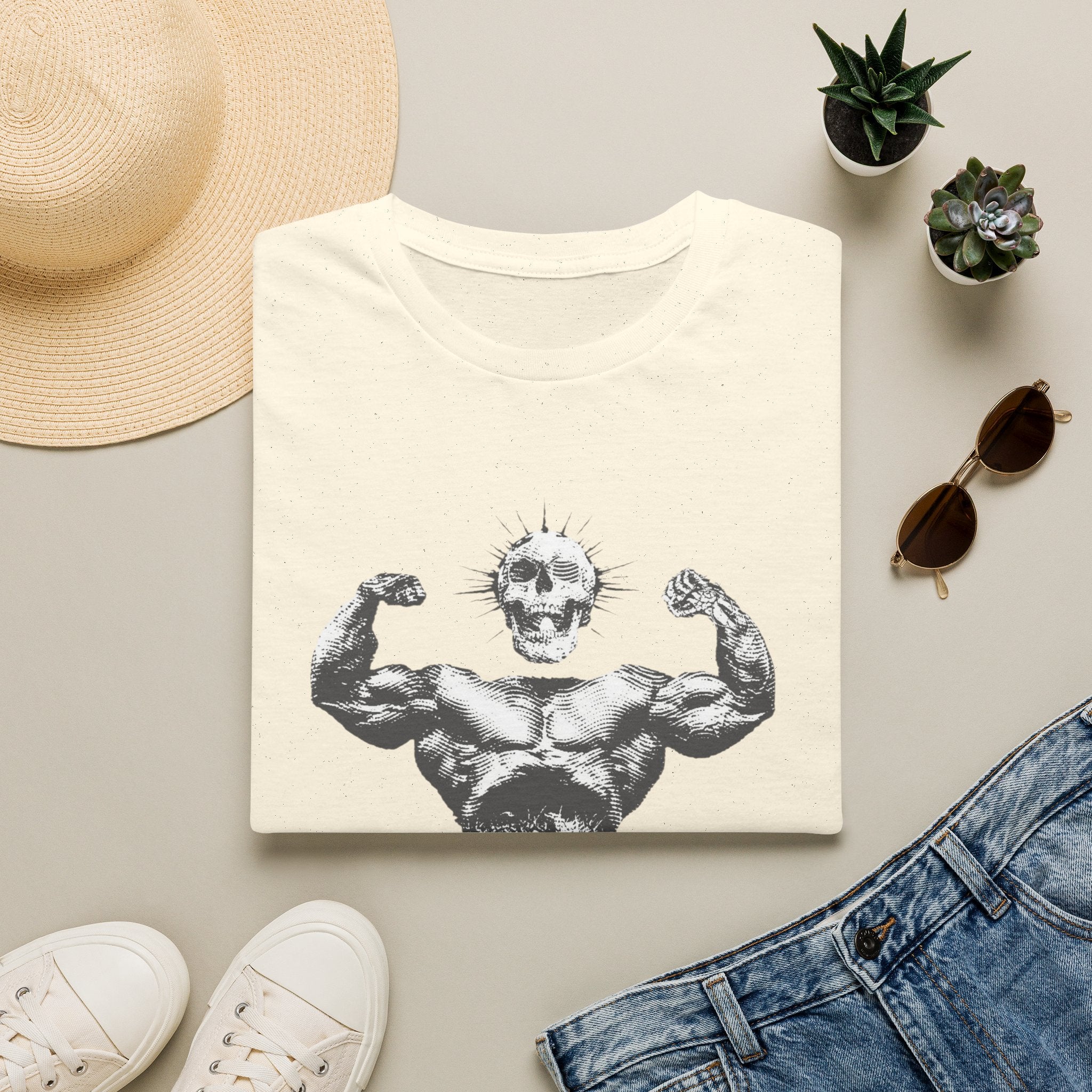 Skull Bodybuilder T-Shirt — Vintage Muscle Pose Graphic Tee