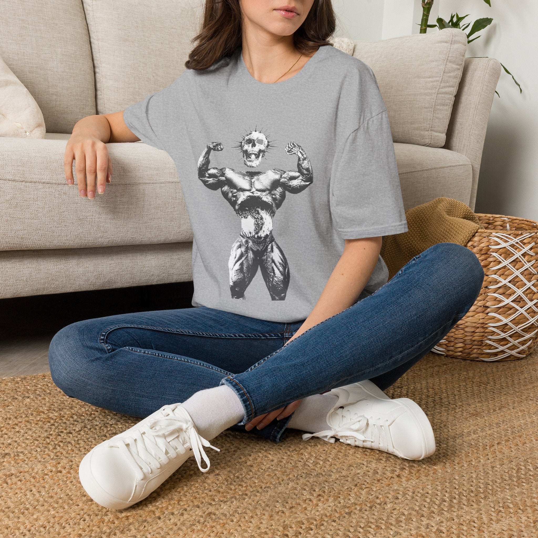 Skull Bodybuilder T-Shirt — Vintage Muscle Pose Graphic Tee