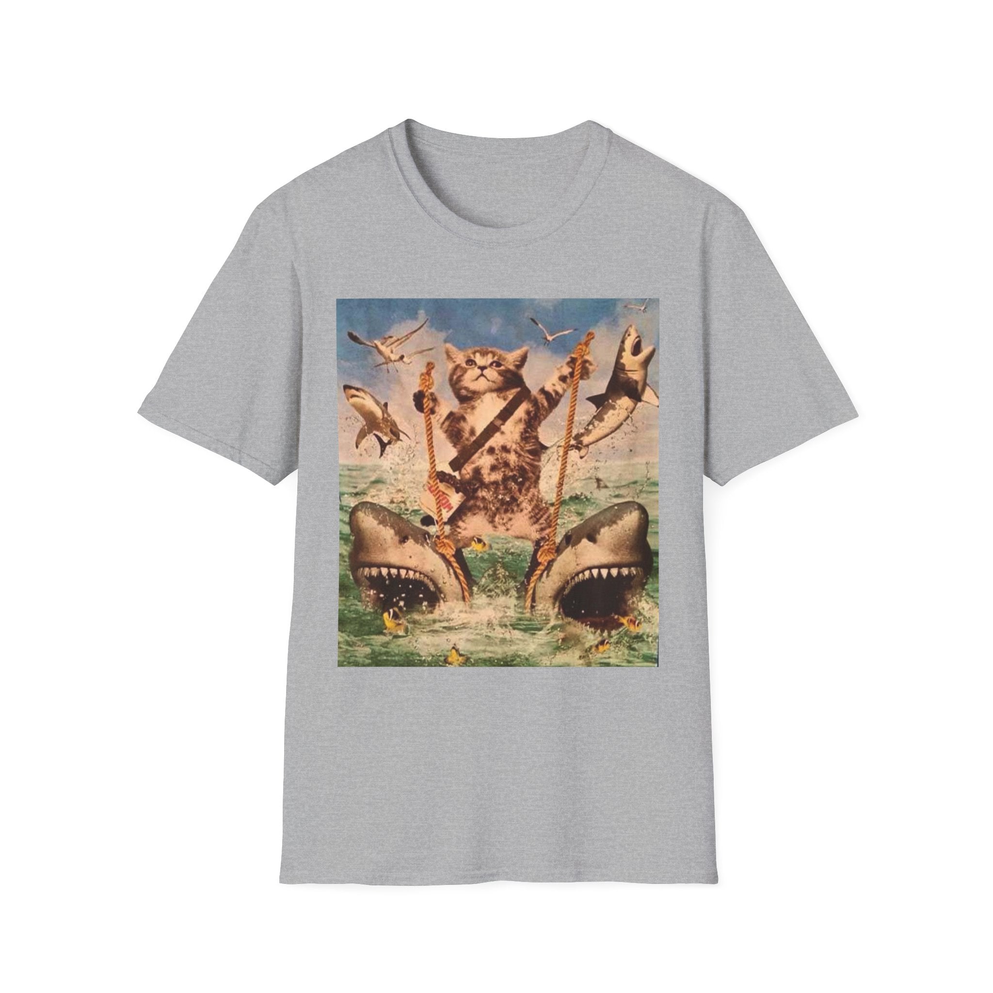 Cat Pirate Shark Attack T-Shirt — Vintage Sailing Kitty Graphic Tee